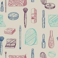 Abstract ornament of makeup kit. Beauty accessories cosmetic sketches seamless pattern. Hand drawn vector illustrations in retro style.