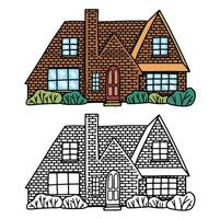 Cozy home, homestead, cottage. Hand drawn vector flat illustration. Set of contour and color drawing isolated on white. Doodles element for design, print, sticker, coloring.