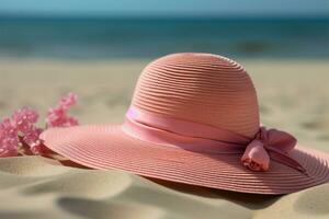 Beach vacation A pink straw hat rests on sandy shores AI Generated photo