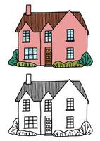 Cozy home, homestead, cottage. Hand drawn vector flat illustration. Set of contour and color drawing isolated on white. Doodles element for design, print, sticker, coloring.