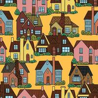 Seamless pattern of country houses, cozy city. Lovely residential buildings ornament. Flat vector illustration. Design for wallpaper, background.