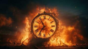 grande reloj quemado en fuego, surrealismo concepto, hora correr fuera concepto, hora administración foto