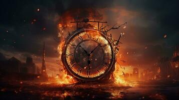 Big Clock Burnt on Fire, Surrealism Concept, Time Run Out Concept, Time Management photo