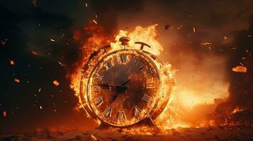 Big Clock Burnt on Fire, Surrealism Concept, Time Run Out Concept, Time Management photo