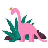 Cute little dinosaur portrait. Pink princess in a crown. Cartoon, adorable diplodocus. Vector illustration. Isolated on a white background. Print for a girl in the nursery.