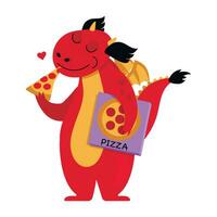 Funny dragon eats a piece of pizza and holds a box of pizza. Vector graphic.