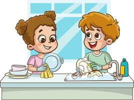 happy cute little boy and girl washing dish together.Happy little children doing housework and cleaning together vector