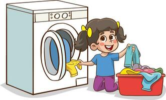 happy cute kid do laundry with washing machine.Happy little children doing housework cleaning vector