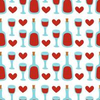 Seamless pattern with wine glass, bottle and heart. Red wine background. Vector flat illustration.