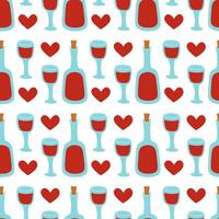 Seamless pattern with wine glass, bottle and heart. Red wine background. Vector flat illustration.