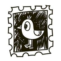 Cute stamp with a bird for Halloween. Black and white drawing with strokes similar to ink. Vector illustration, sketch. Drawing, cute contrasting bird, black pen. Black pen on white. Illustration