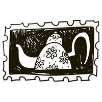 A cute teapot in a Halloween stamp. Black and white drawing with strokes similar to ink. Vector illustration, sketch. Drawing, cute teapot in a flower, black handle. Black pen on white. Illustration