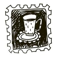 Cute cup on a saucer in a Halloween stamp. Black and white drawing with strokes similar to ink. Vector illustration, sketch. Drawing, cute cup, black handle. Black pen on white background Illustration