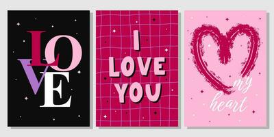 Valentine's Day greeting card set. Hand drawn trendy cartoon heart, love lettering. Vector illustration