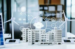 Carbon emissions to limit global warming and climate change to reduce CO2 levels through sustainable development. Business working with meeting room reduce CO2 concept photo
