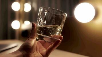 Woman's hand holding a glass with sparkling wine in backlight. Minimal trendy style composition with person and champagne, prosecco. video