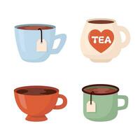 Set of colourful mug with tea bag in flat style, isolated on white. Tea love mug. vector