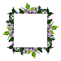 Watercolor floral frame clipart. Botanical leaf, purple and pink flowers. png