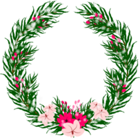 Winter floral wreath. Pink and red flowers frame with pine leaves and snowfall clipart. png