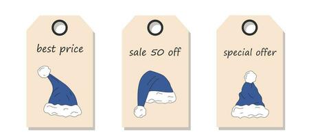 Vector set of discount price tags. Labels with blue Santa Claus hats. Christmas sale.