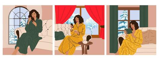 Set of girls are sitting on the sofa near the window with an winter view. Snow season. Hygge concept. Cozy autumn days vector