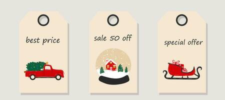 Vector set of discount price tags. Labels with Christmas objects, snow globe, sleigh and pickup truck with christmas tree. Christmas sale.