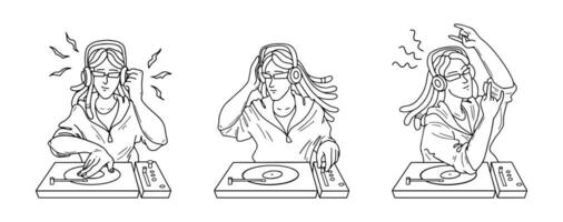 Dj characters at console. Female and male musicians with turntable mixer. Linear version. vector