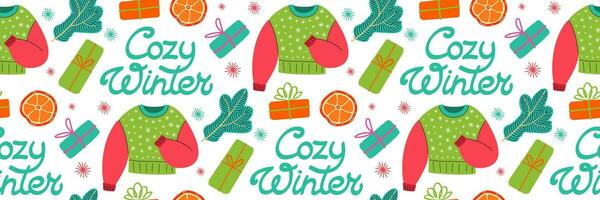 Cozy winter pattern. Winter theme and Christmas Backgrounds. Flat vector illustration. Lettering and colored sweater. Pattern for background, printing on wrapping paper, wallpaper or fabric.