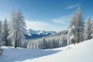 winter with fresh snow covered forests and mountains. background. AI Generative Pro Photo