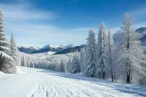 invierno con Fresco nieve cubierto bosques y montañas. antecedentes. ai generativo Pro foto