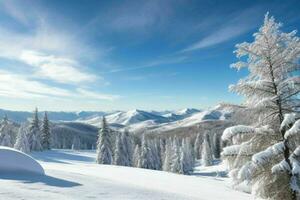 invierno con Fresco nieve cubierto bosques y montañas. antecedentes. ai generativo Pro foto