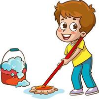 niño feliz sosteniendo un trapeador y un balde limpiando el piso haciendo tareas domésticas vector