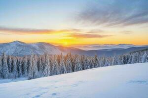 winter with fresh snow covered forests and mountains at sunrise. background. AI Generative Pro Photo