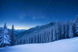 winter with fresh snow covered forests and mountains at night. background. AI Generative Pro Photo