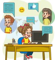 Children with social media elements on white background illustration.Kids remote communication via internet. Happy boys and girl talking, chatting at distance. Flat vector illustration