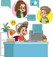 Children with social media elements on white background illustration.Kids remote communication via internet. Happy boys and girl talking, chatting at distance. Flat vector illustration