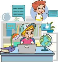 Children with social media elements on white background illustration.Kids remote communication via internet. Happy boys and girl talking, chatting at distance. Flat vector illustration