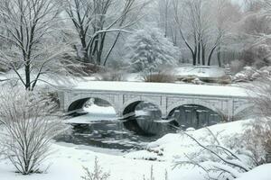 Winter at the garden, showing a bridge over frozen water and trees covered with snow. background. AI Generative Pro Photo