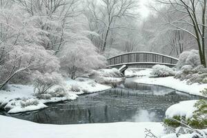 Winter at the garden, showing a bridge over frozen water and trees covered with snow. background. AI Generative Pro Photo