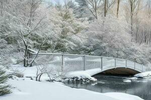 Winter at the garden, showing a bridge over frozen water and trees covered with snow. background. AI Generative Pro Photo
