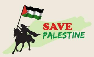 Save Palestine Illustration. Save Gaza. Man riding horse with Palestine Flag. vector