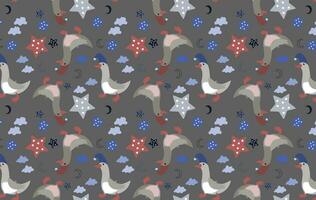 Vector seamless pattern with funny geese in nightcaps, stars, clouds and the moon.