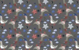 Vector seamless pattern with funny geese in nightcaps, stars, clouds and the moon.