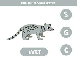 Find missing letter with cartoon gray civet. Spelling worksheet. vector