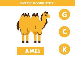 Find missing letter with cartoon bactrian camel. Spelling worksheet. vector