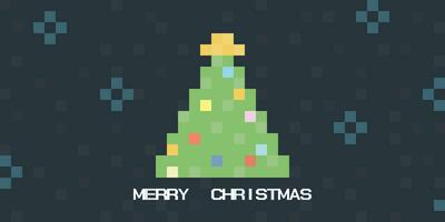 Merry Christmas and decorated Christmas tree 90's gaming concept vector illustration. Merry Christmas 8 bit greeting card template.