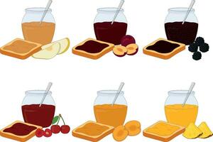 Toast with fruit and berry jam for breakfast and glass jar of jam vector illustration