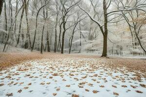 fallen leaves in snowy forest park. background. AI Generative Pro Photo