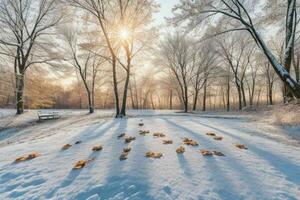 fallen leaves in snowy forest park. background. AI Generative Pro Photo