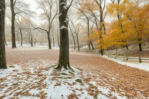 fallen leaves in snowy forest park. background. AI Generative Pro Photo